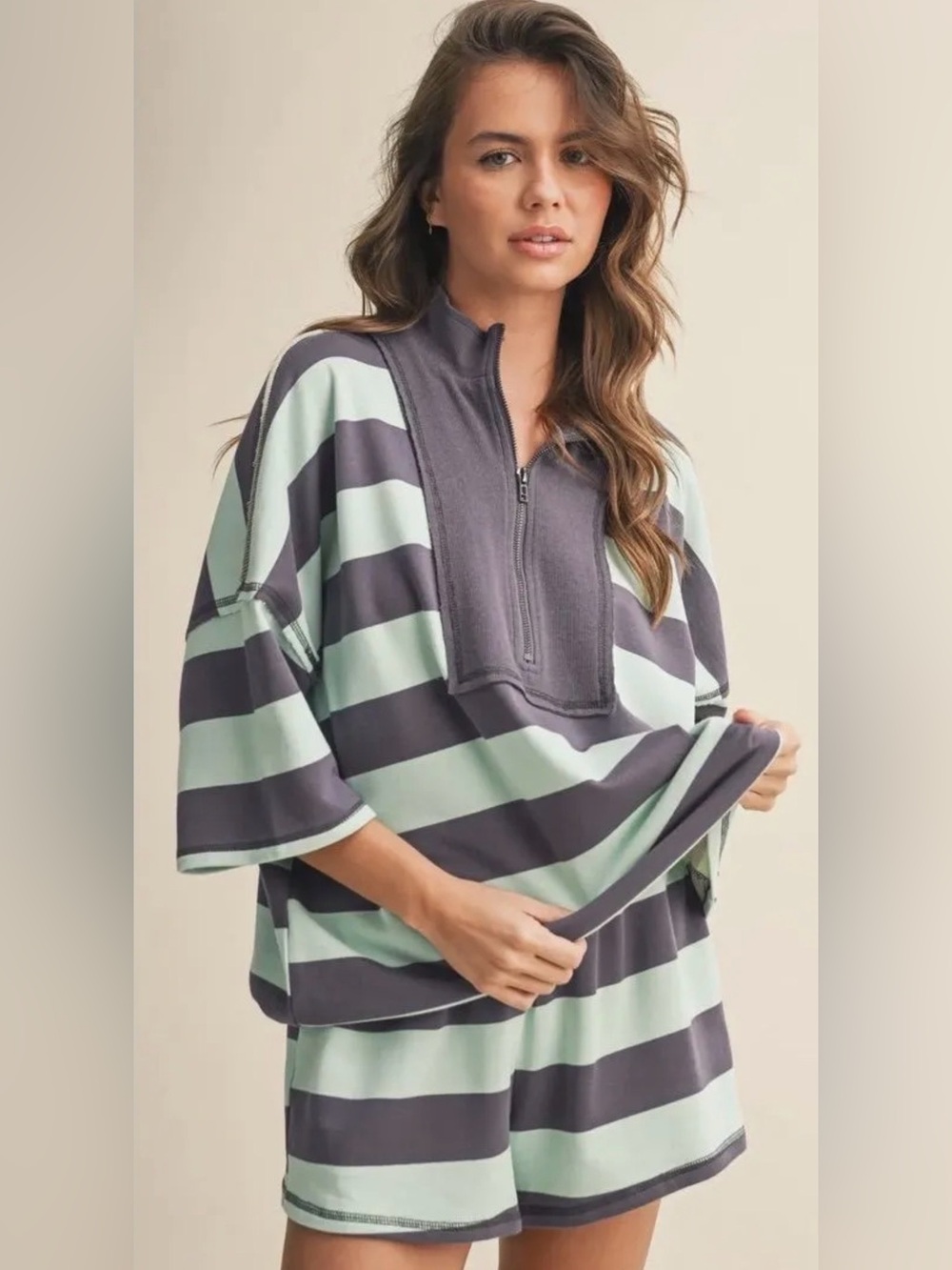 Striped Half-Zip Oversized Pullover in Mint and Shorts Set! 100% cotton  S-L
